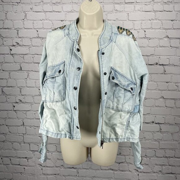 Free People Blue Linen Cotton Embroidered Stud Sleeve Light Jacket XS *stained - Picture 15 of 16